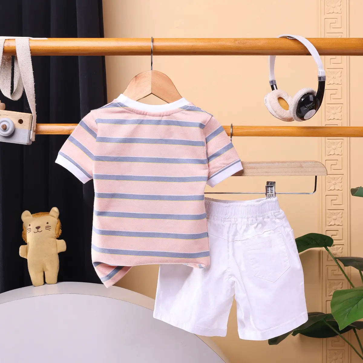Boys Peach Stripes Short Sleeve Print Applique T-Shirt With Elasticated Shorts Sets 2 pc. Sets