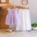 Girls Purple Checked Sleeveless A-line Top With Cropped Pant Sets Sets Purple 1-2 Y