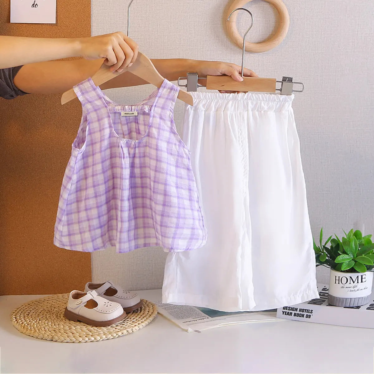 Girls Purple Checked Sleeveless A-line Top With Cropped Pant Sets Sets Purple 1-2 Y