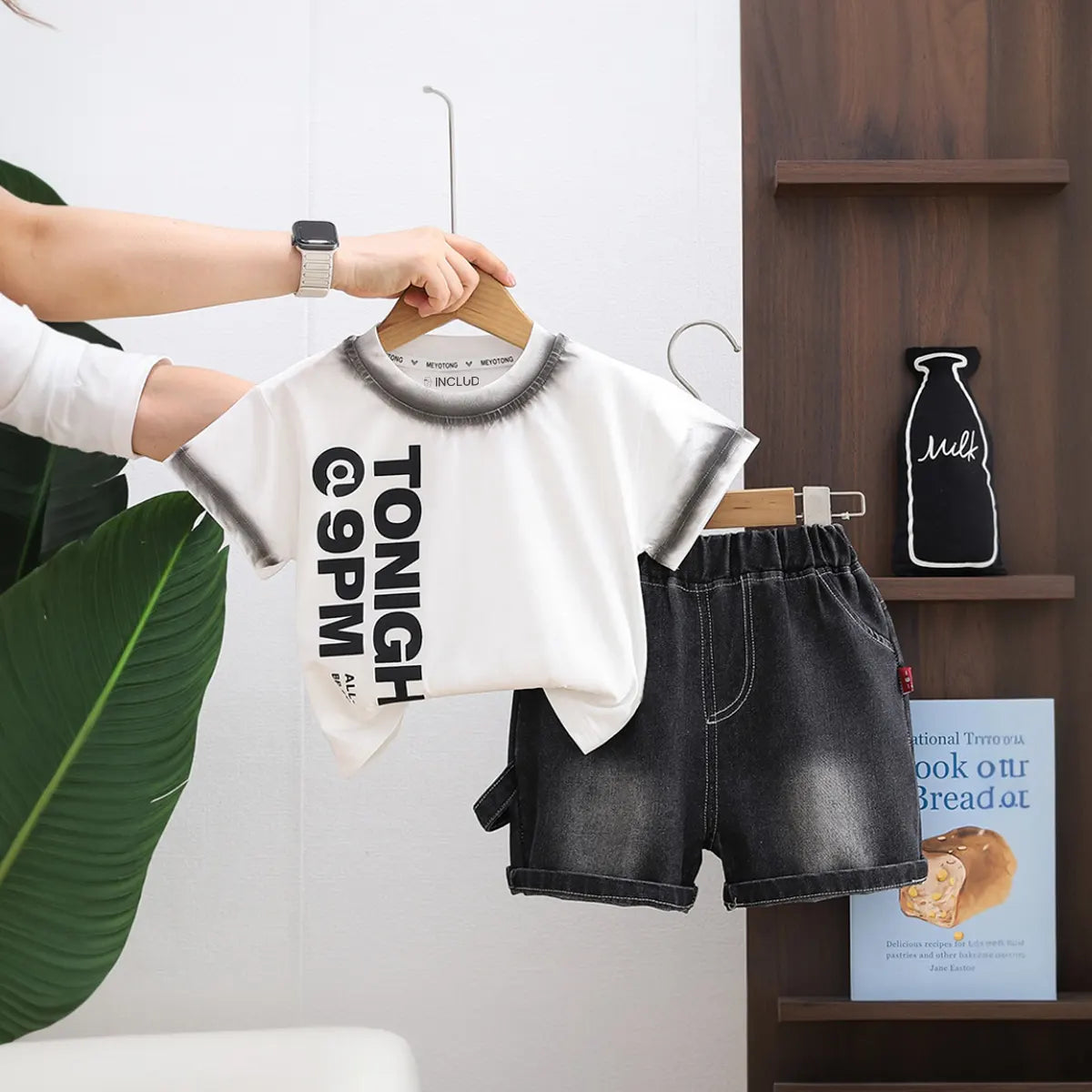 Boys White Typographic Print T-Shirt With Denim Shorts Set Sets White 1-2 Y