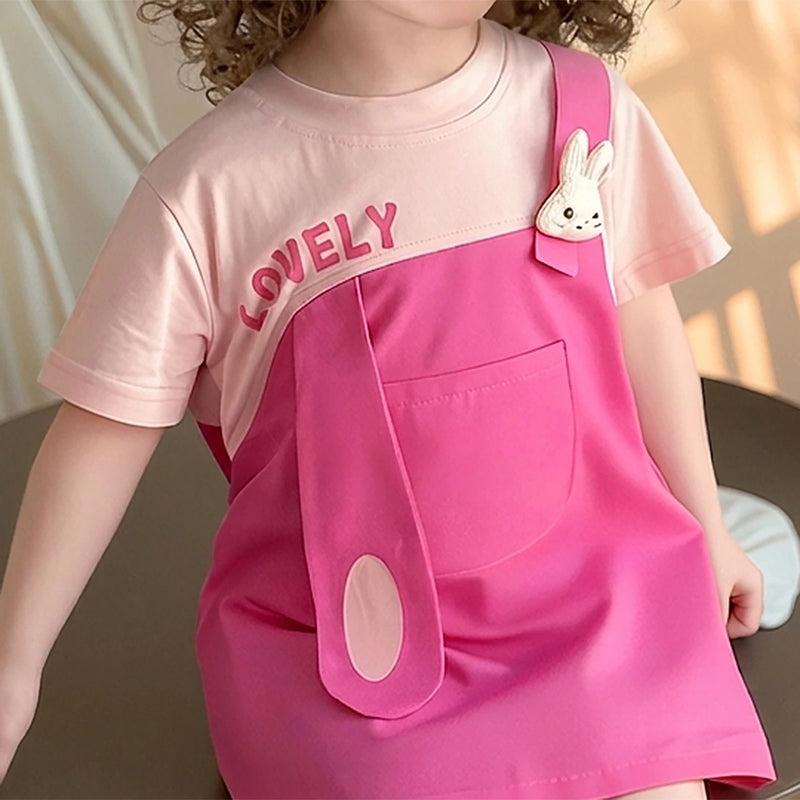 Girls Pink Typographic Print Short Sleeve Pinafore Dress Casual Dresses