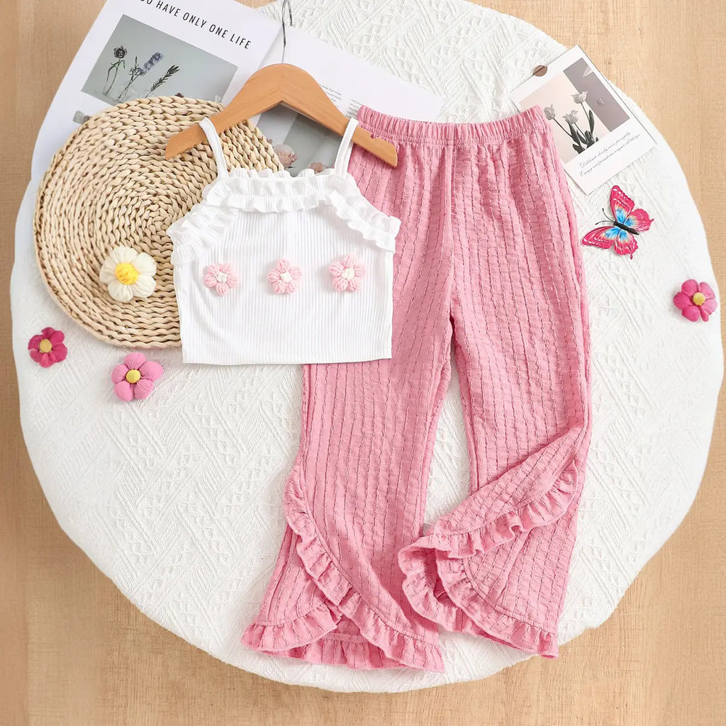 Girls Flower Applique Spaghetti Strap Top With Flared Hem Pants Sets Sets Pink 3-4 Y