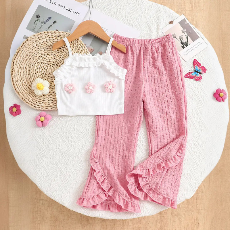 Girls Flower Applique Spaghetti Strap Top With Flared Hem Pants Sets Sets Pink 3-4 Y