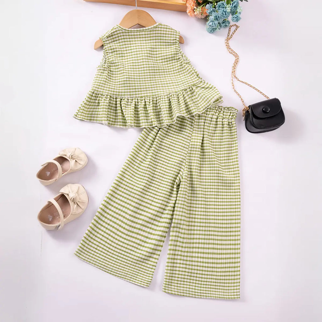 Girls Green Checked Sleeveless Top With Pants Co-ord Sets Sets