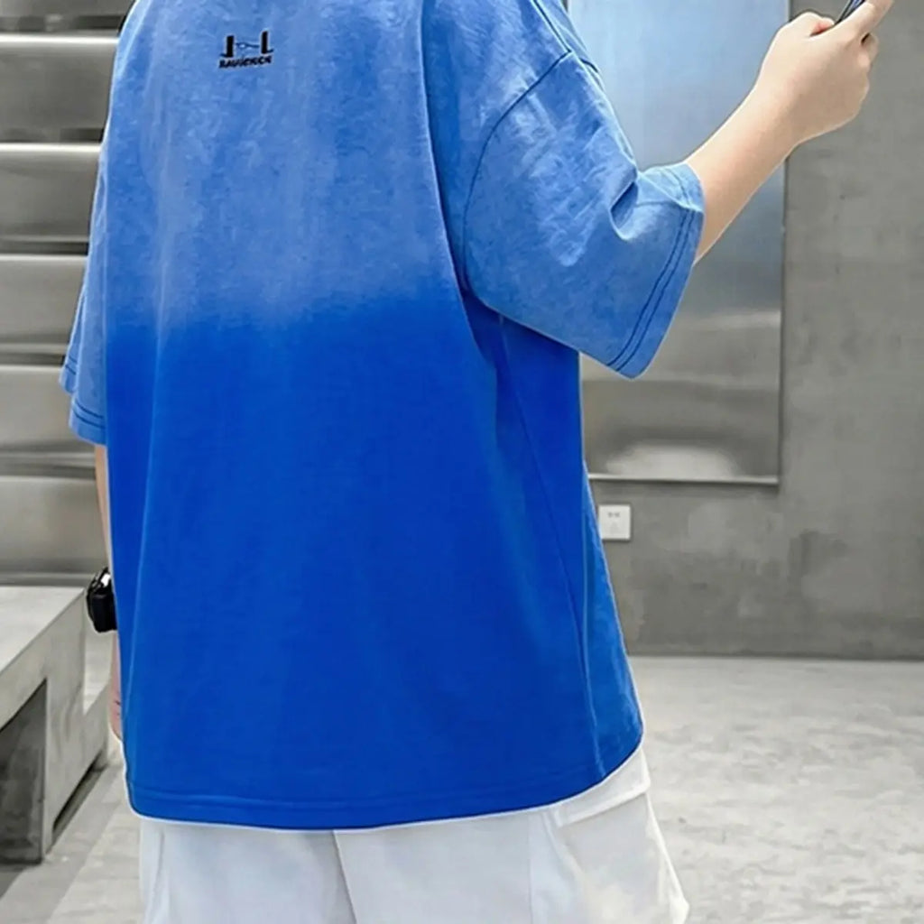 Boys Blue Ombre Drop Shoulder T-Shirt With Shorts Sets Sets
