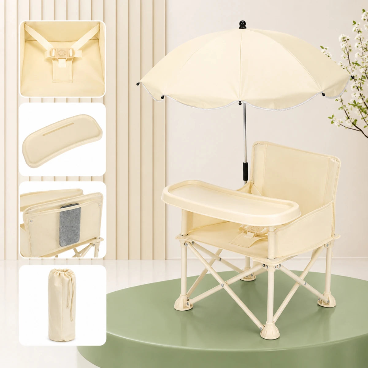 Kids Beige Foldable Baby Dining Chair With Tray & Umbrella Trending Accessories