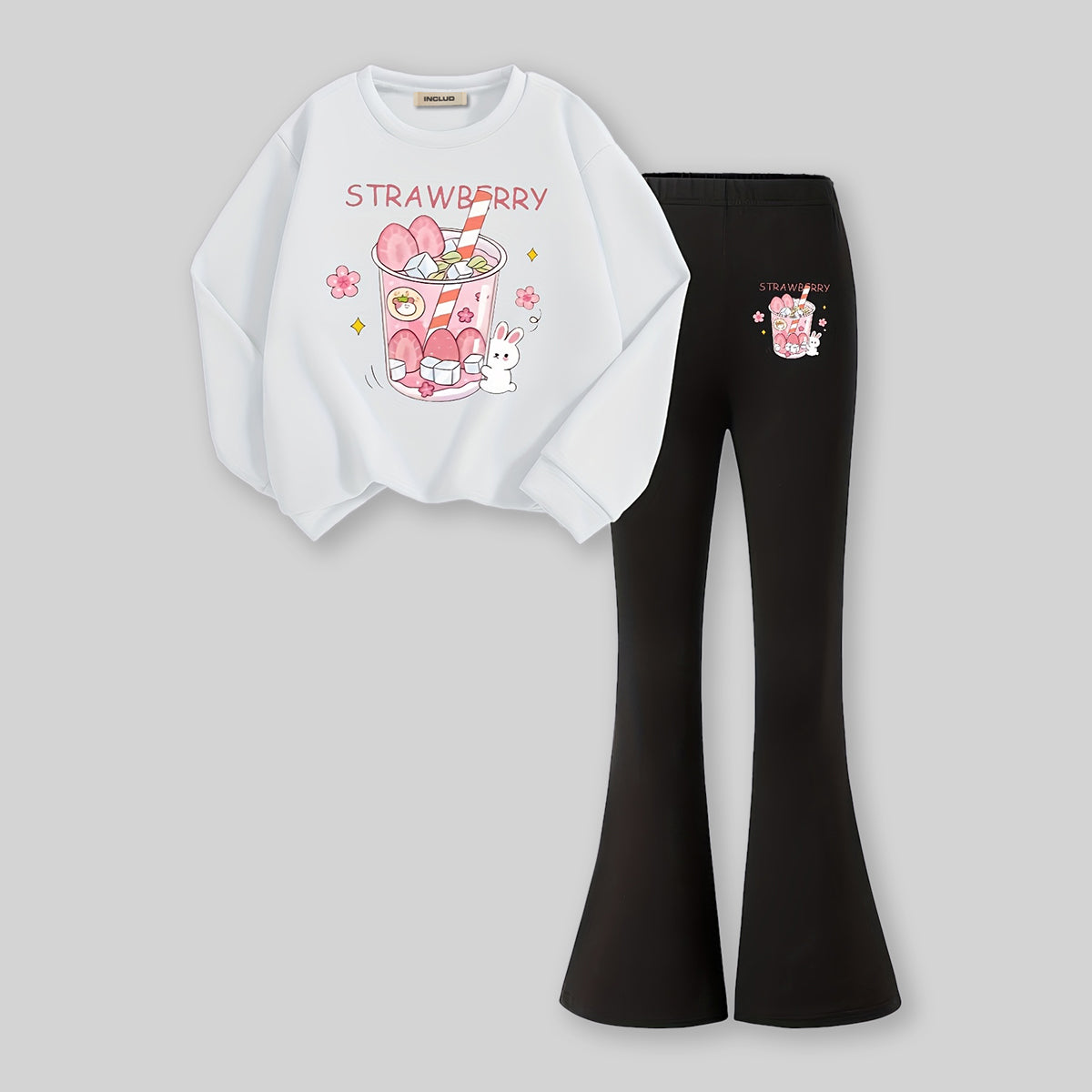 Girls White Strawberry Printed Sweatshirt with Flared Pants Set 2 pc. Sets White 7-8 Y