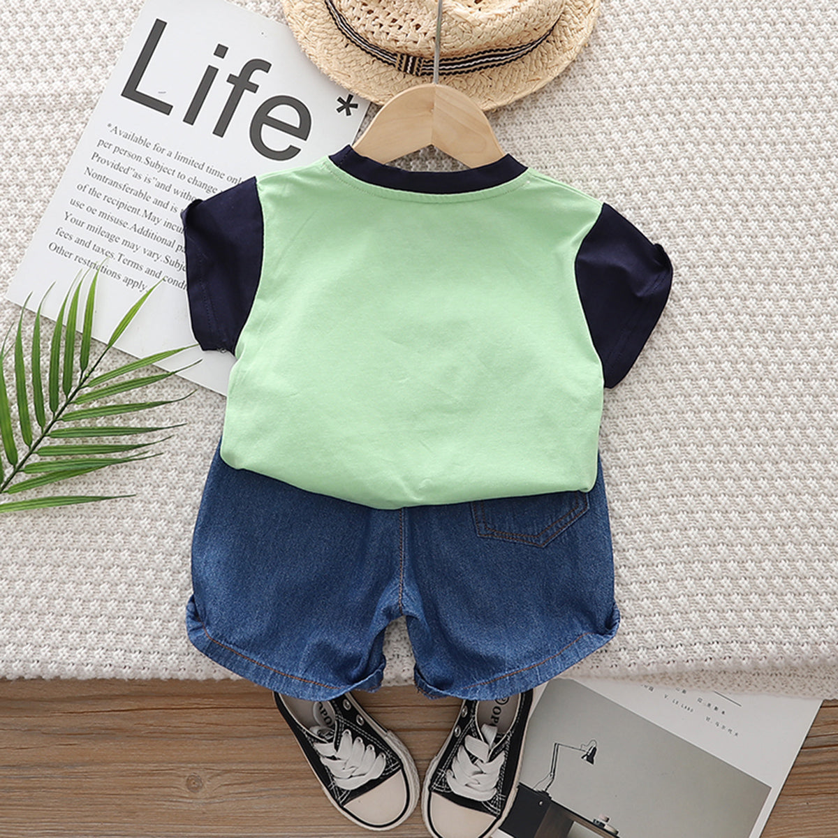 Boys Green Short Sleeve Champ Dino Print T-shirt With Denim Shorts Set 2 pc. Sets