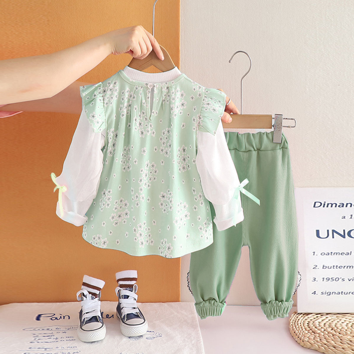 Girls Green Floral Printed Tunic With T-Shirt & Pants Set Sets