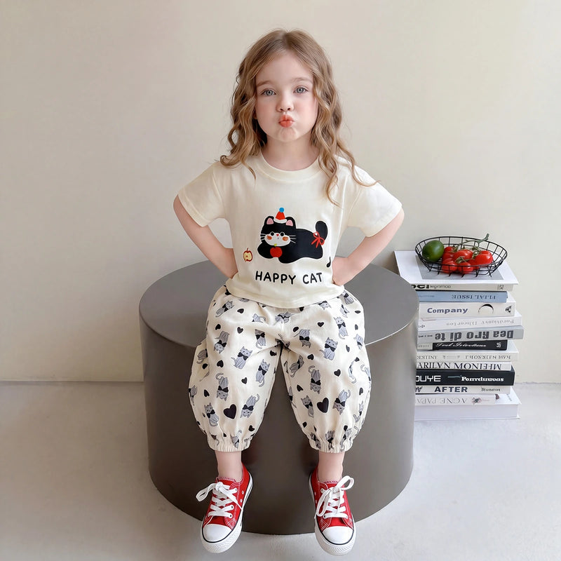 Girls Off White Happy Cat Graphic Top With Balloon Pants Sets Sets