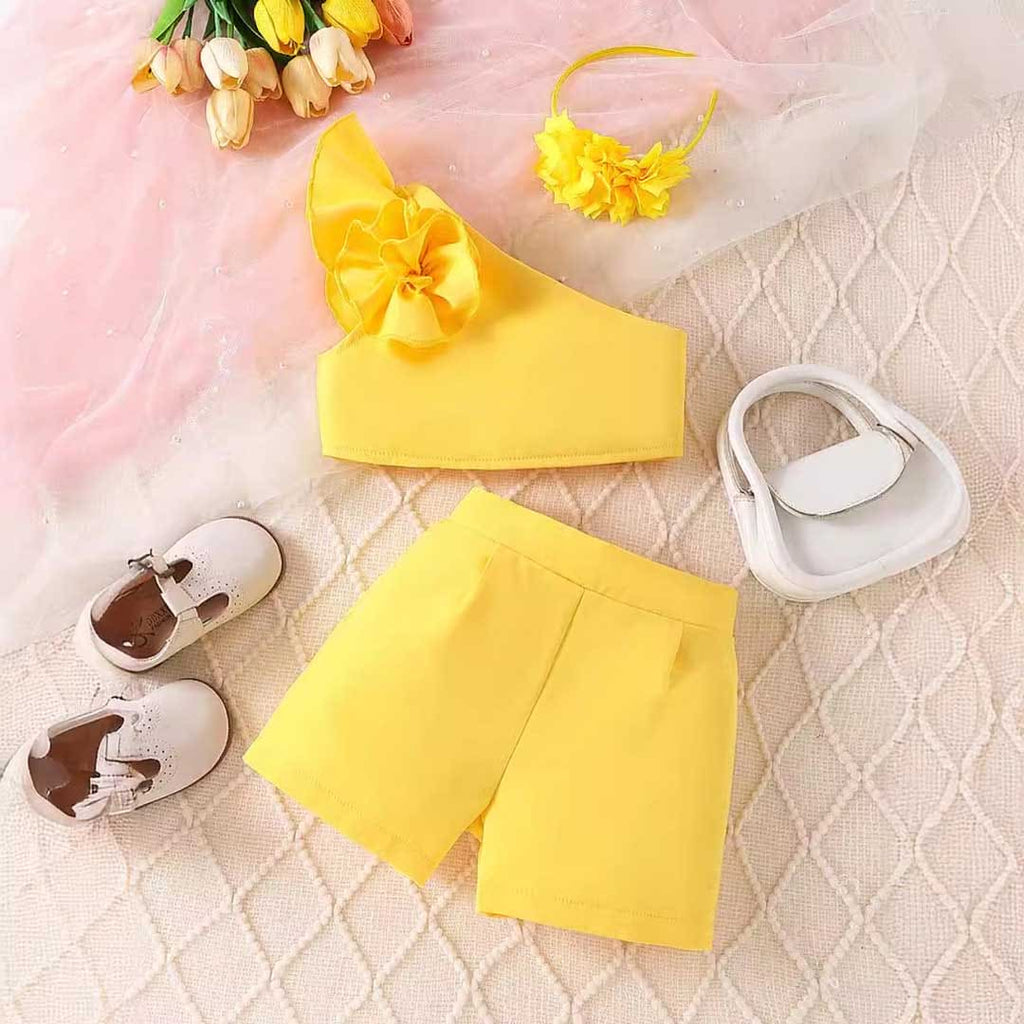 Girls Yellow One Shoulder Flower Applique Top With Shorts & Hairband Set 3 pc. Sets Yellow 1-2 Y 