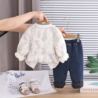 Boys Off White Abstract Printed Sweatshirt With Denim Pants Set Sets