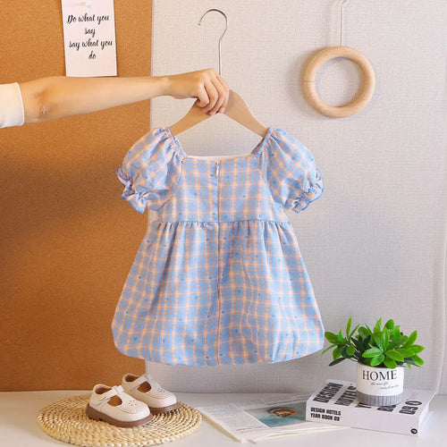 Girls Light Blue Checked A-line Dress With Bow & Lace Trim Casual Dresses