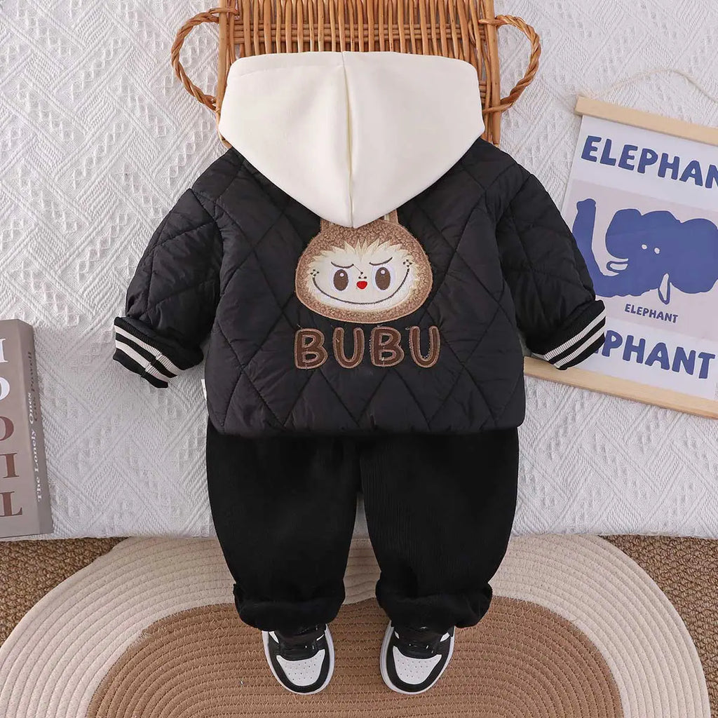 Boys Black Quilted Puffer Hooded Jacket With Jogger Sets Sets