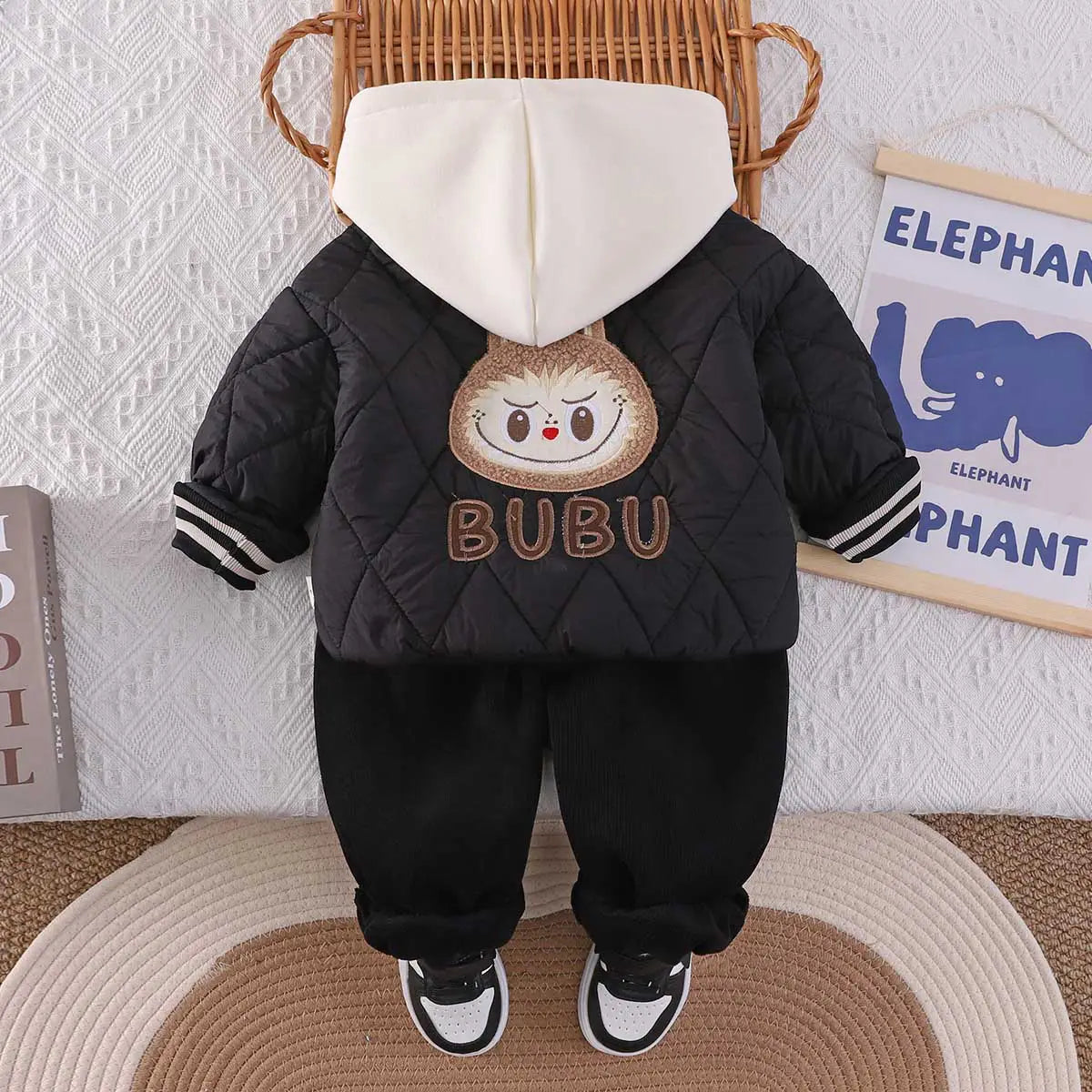 Boys Black Quilted Puffer Hooded Jacket With Jogger Sets Sets