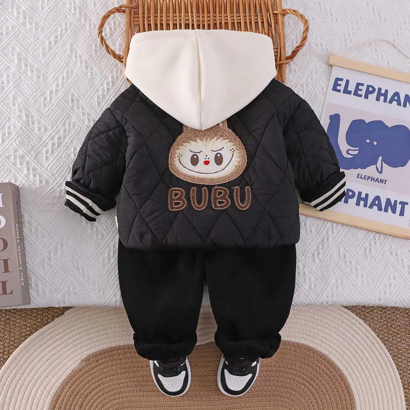 Boys Black Quilted Puffer Hooded Jacket With Jogger Sets Sets