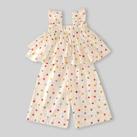 Girls Off-White Multicolour Polka Dot Printed Tiered Top With Pants Sets Sets