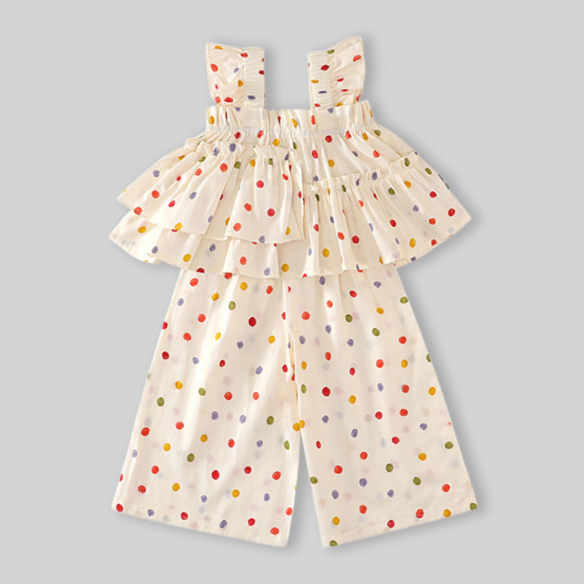 Girls Off-White Multicolour Polka Dot Printed Tiered Top With Pants Sets Sets