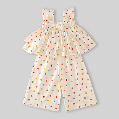 Girls Off-White Multicolour Polka Dot Printed Tiered Top With Pants Sets Sets