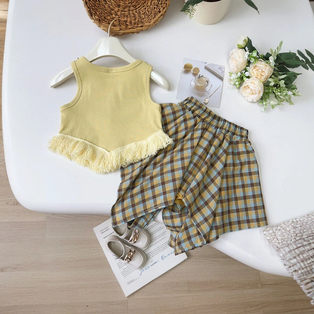 Girls Yellow Embellished Sleeveless Top With Checked Skirt Sets 2 pc. Sets