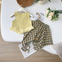 Girls Yellow Embellished Sleeveless Top With Checked Skirt Sets 2 pc. Sets