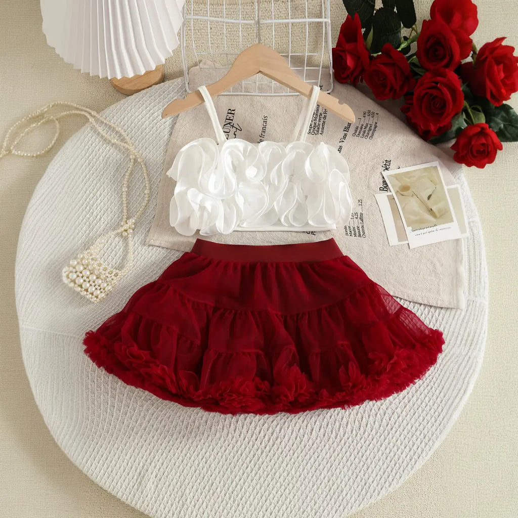 Girls White 3D Floral Ruffle Top With Tiered Tulle Tutu Skirt Sets Sets White 2-3 Y
