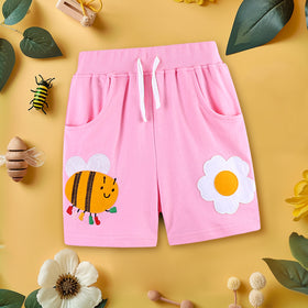 Girls Rib Waist Embroidery Appliqué Shorts Shorts Pink 1-2 Y 