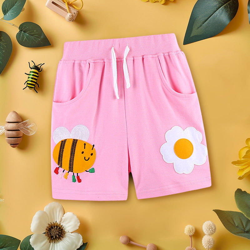 Girls Rib Waist Embroidery Appliqué Shorts Shorts Pink 1-2 Y 