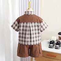 Boys Brown Checked Short Sleeve Shirt With Printed T-Shirt And Shorts Sets 3 pc. Sets
