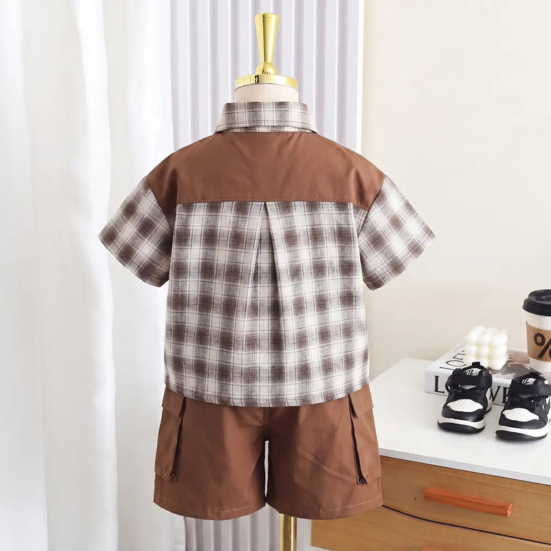 Boys Brown Checked Short Sleeve Shirt With Printed T-Shirt And Shorts Sets 3 pc. Sets