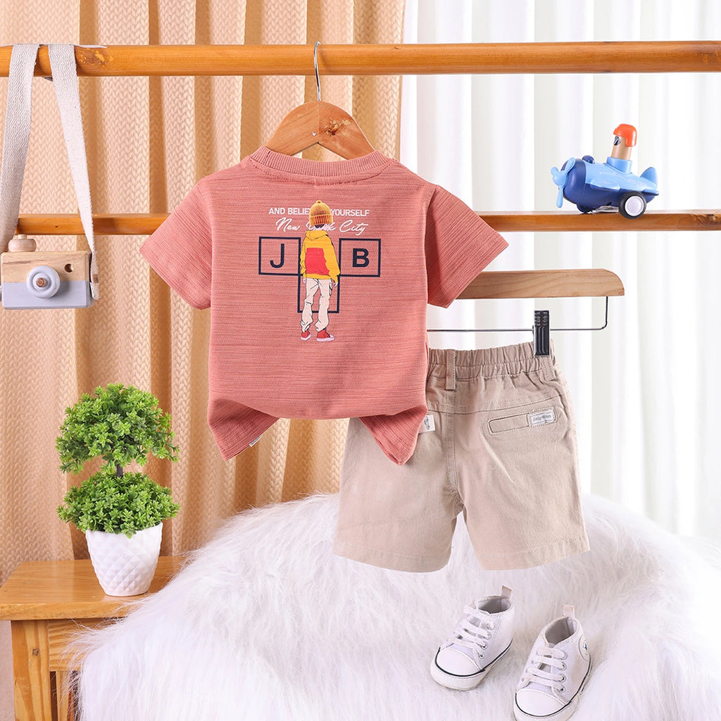 Boys Brown Applique Printed T-Shirt With Twill Shorts Sets 2 pc. Sets
