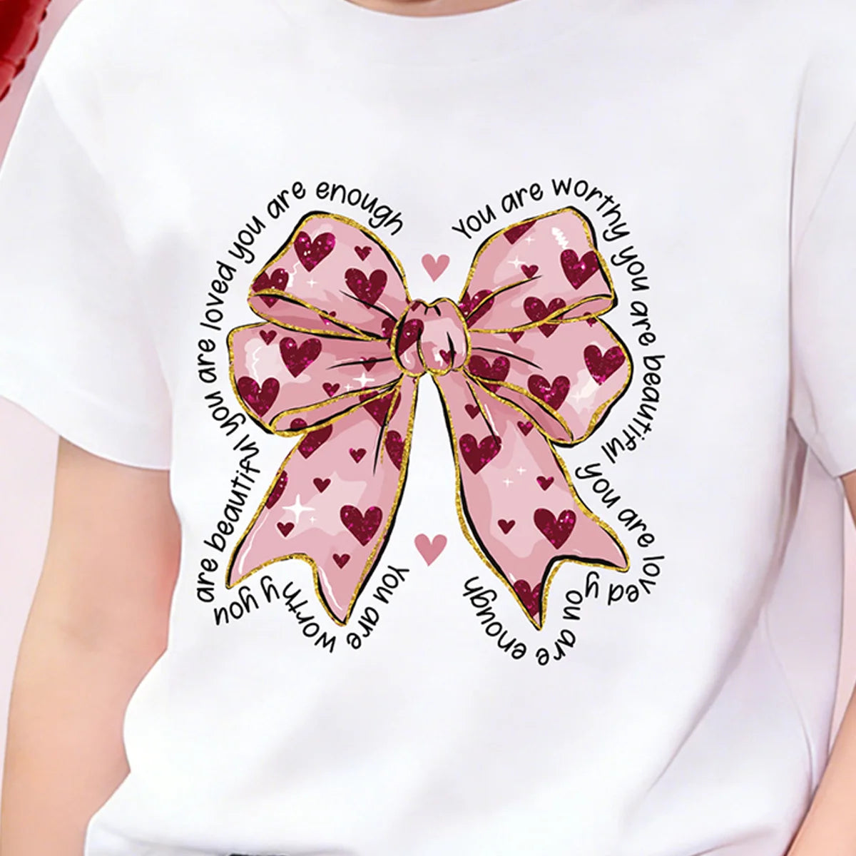 Girls White Bow Graphic Short Sleeve T-Shirt Tshirts