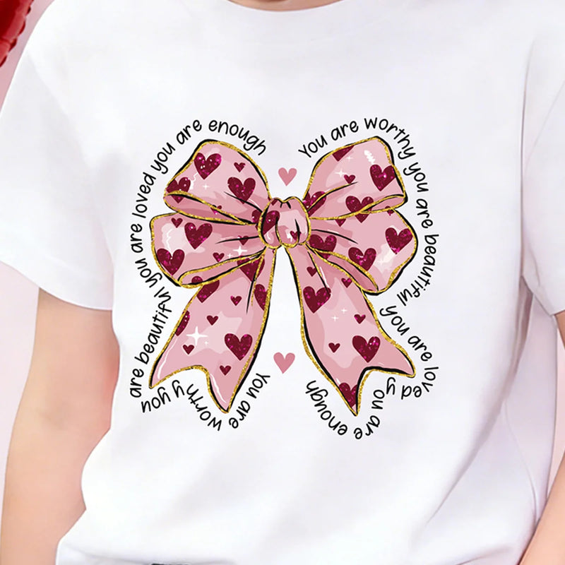 Girls White Bow Graphic Short Sleeve T-Shirt Tshirts