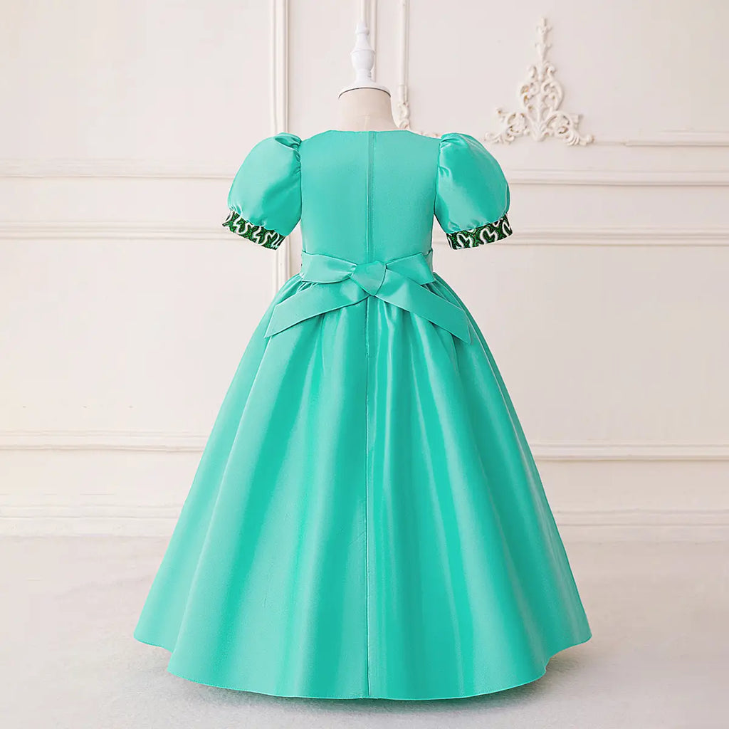 Girls Teal Puff Sleeves Fit & Flare Dress With Printed Trims Casual Dresses