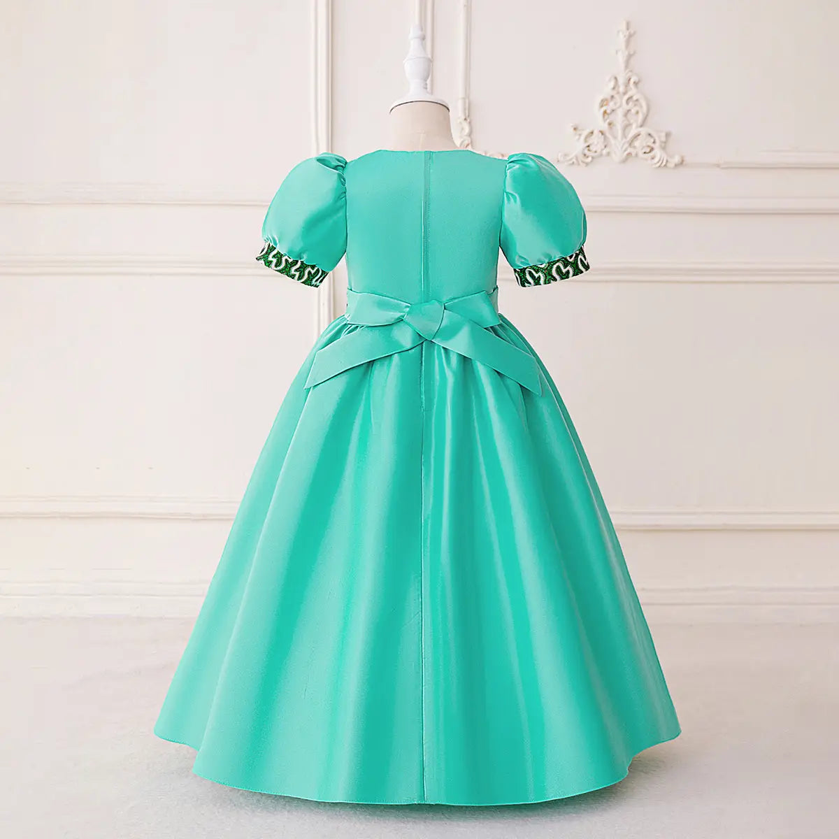 Girls Teal Puff Sleeves Fit & Flare Dress With Printed Trims Casual Dresses