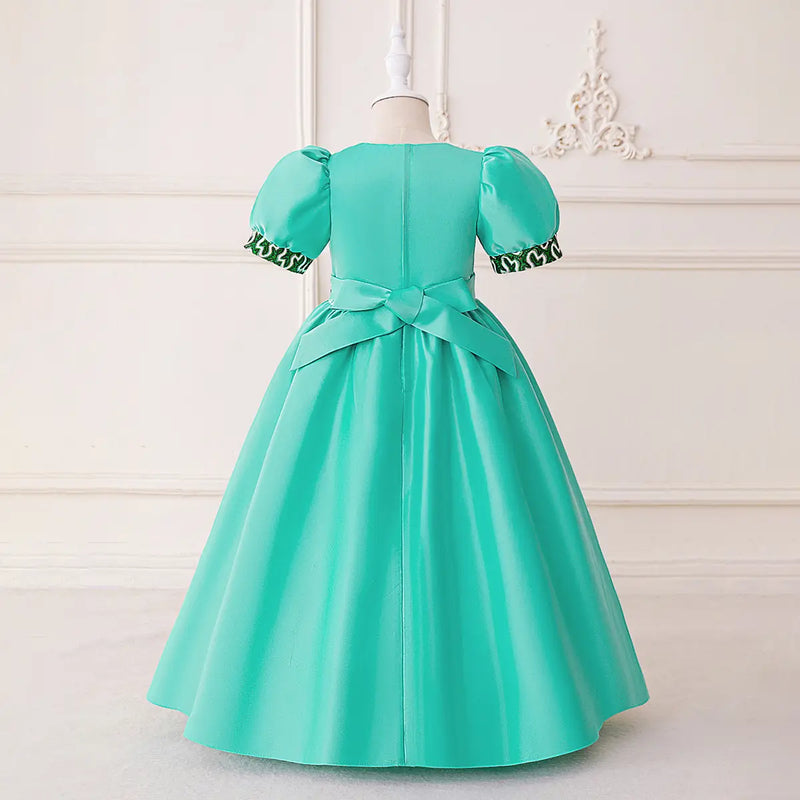 Girls Teal Puff Sleeves Fit & Flare Dress With Printed Trims Casual Dresses