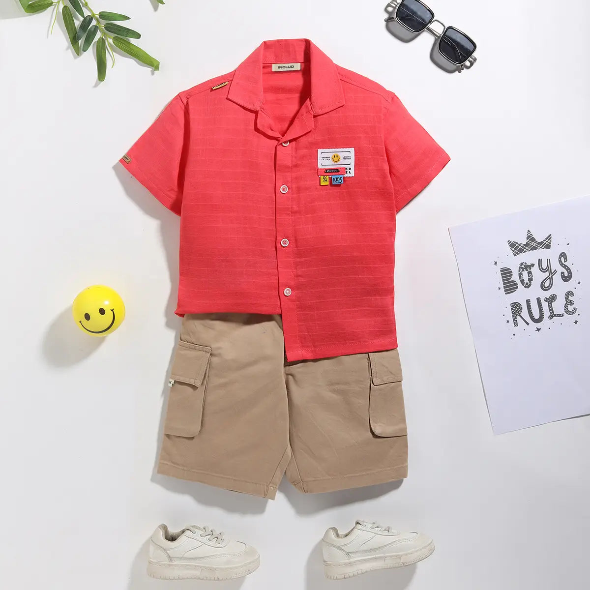 Boys Coral Checked Short Sleeves Shirt With Shorts Sets Sets Coral 0-1 Y