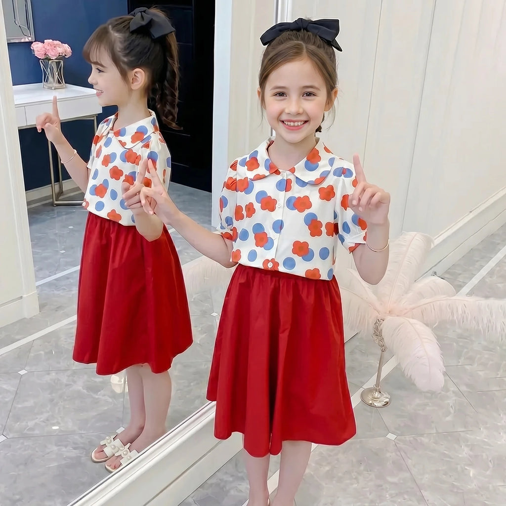 Girls Red Floral Print Short Sleeve Shirt With Skirt Sets 2 pc. Sets Red 3-4 Y