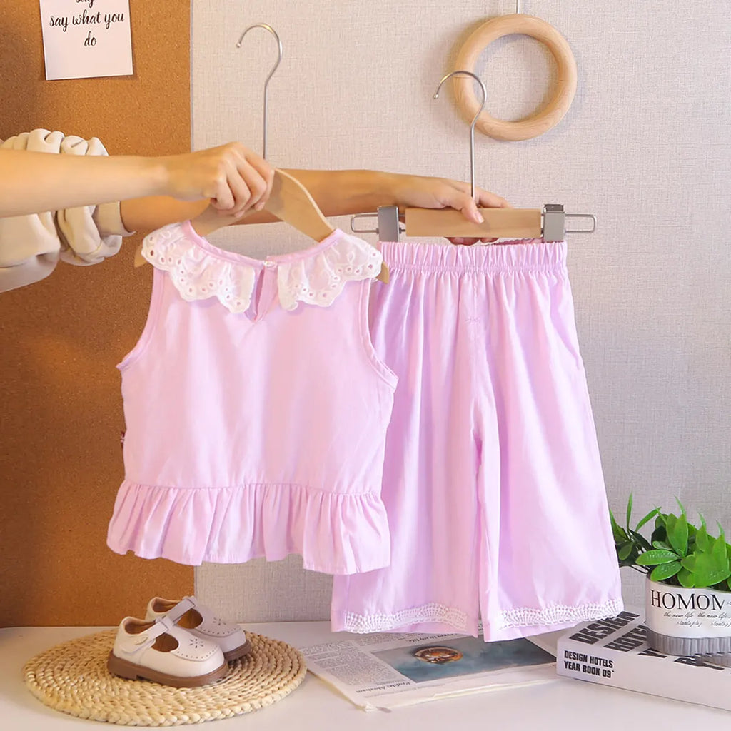 Girls Purple Sleeveless Ruffled Top With Pants Sets Sets