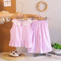 Girls Purple Sleeveless Ruffled Top With Pants Sets Sets