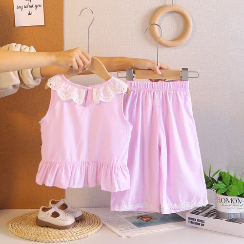 Girls Purple Sleeveless Ruffled Top With Pants Sets Sets