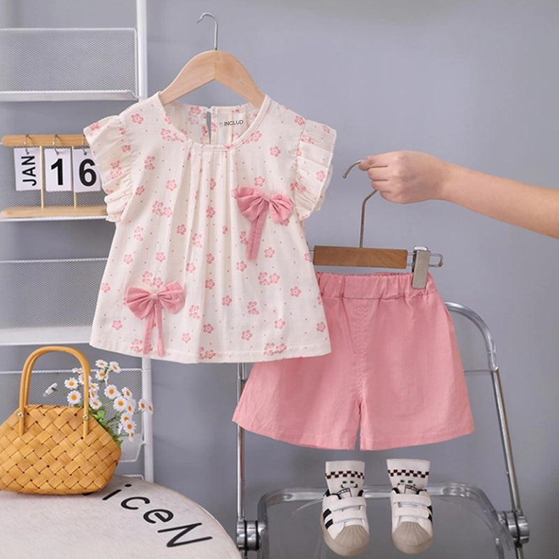 Girls Pink Floral Printed Round Neck Top With Elasticated Shorts Sets 2 pc. Sets Pink 1-2 Y