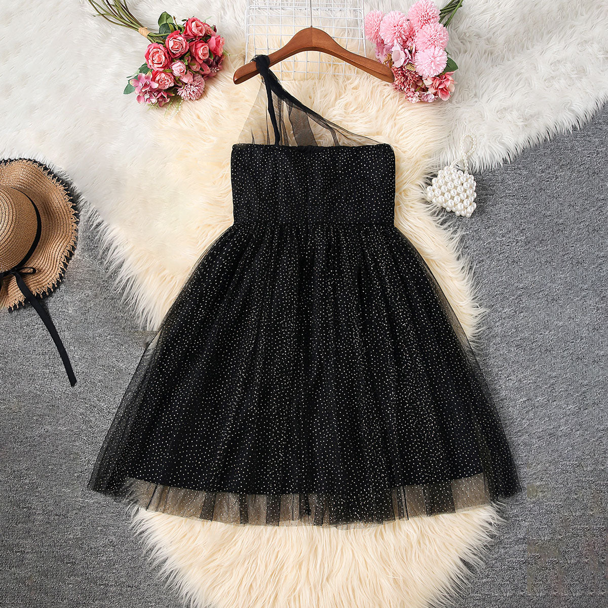 Girls Black Printed One Shoulder Fit And Flared Dress Party Dresses Black 12-13 Y