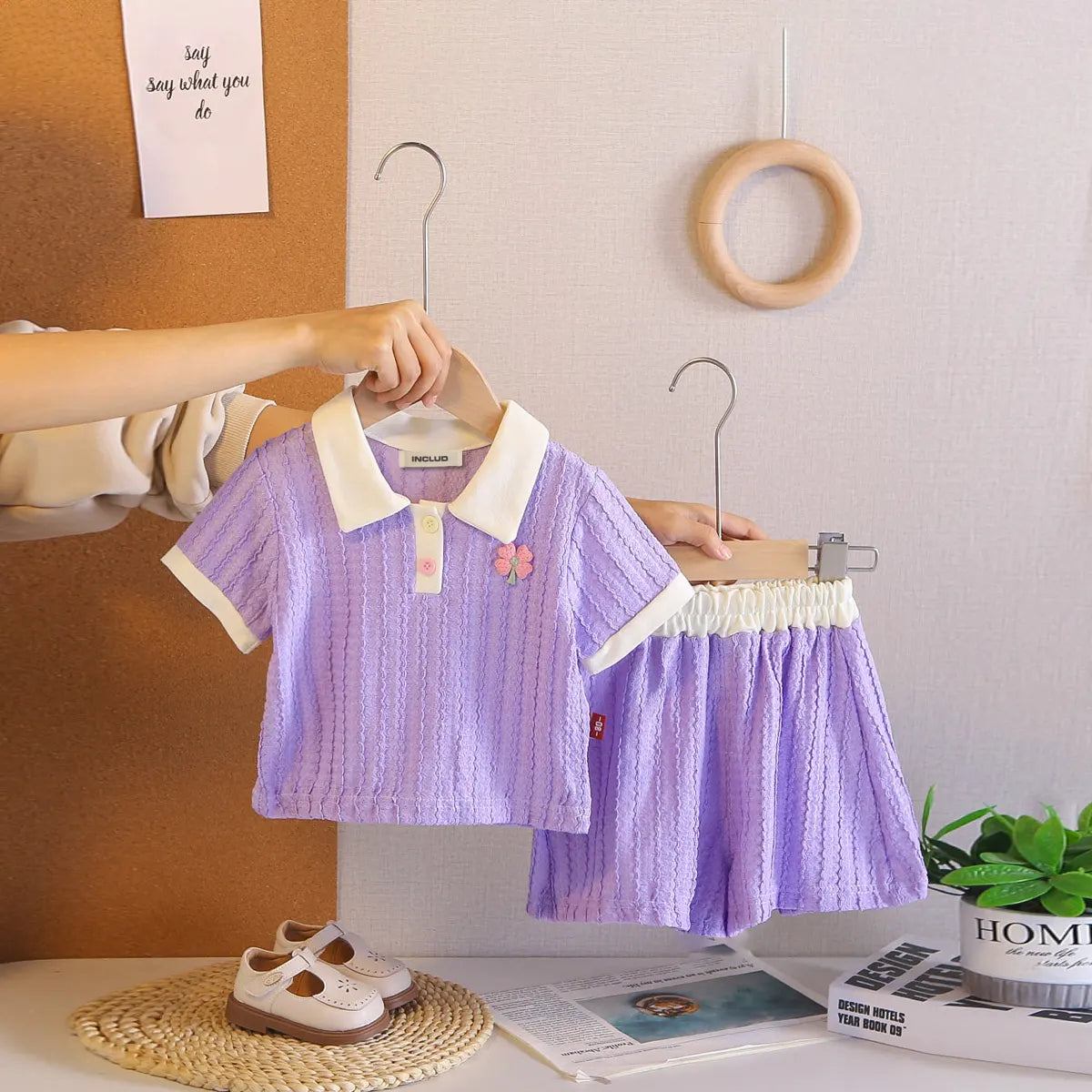 Girls Purple Textured Polo T-Shirt With Shorts Co-ord Sets Sets Purple 1-2 Y