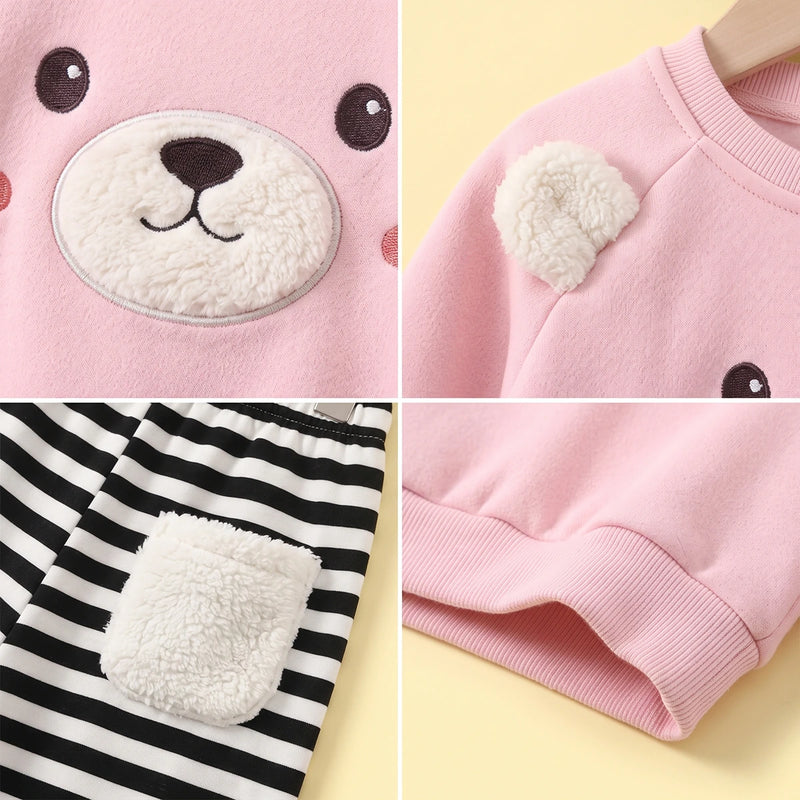 Girls Pink Graphic Sweatshirt With Striped Pants Sets Sets