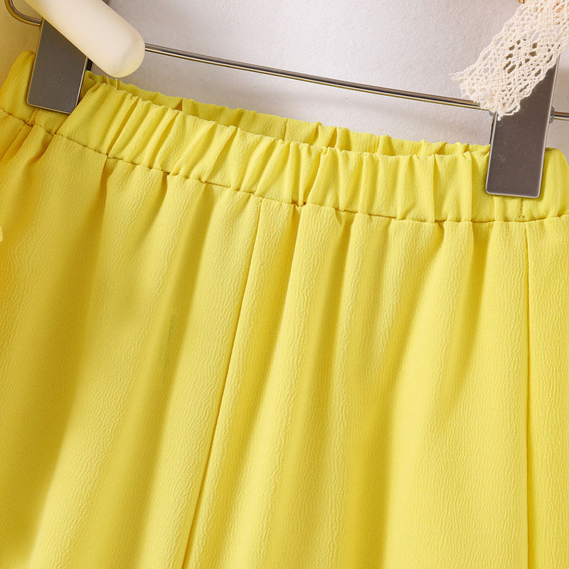 Girls Sleeveless Textured Crop Top With Sling Bag And Yellow Pants Set 3 pc. Sets