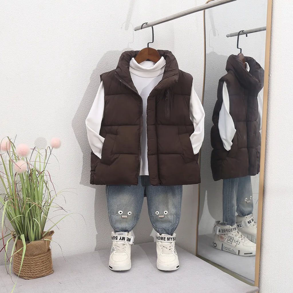 Boys Dark Brown Quilted Puffer Zip-up Vest With Stand-up Collar Coats & Jackets Dark Brown 4-5 Y