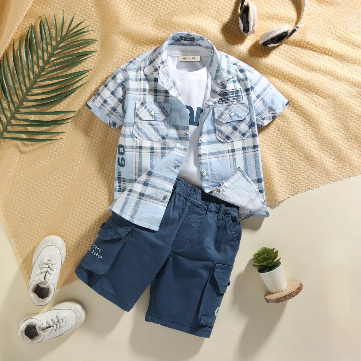 Boys Blue Checked Short Sleeves Shirt With Cargo Shorts & T-Shirt Sets Sets Blue 6-12 M