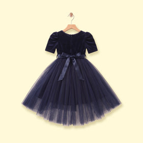 Girls navy blue party dress with puff sleeves and bow