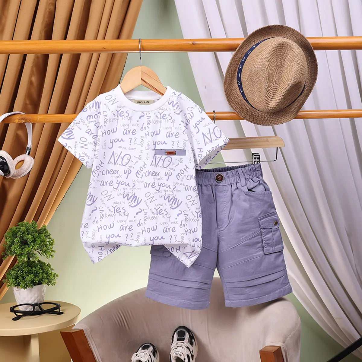 Boys Grey Typographic Printed Short Sleeve T-Shirt With Elasticated Shorts Sets 2 pc. Sets Grey 2-3 Y